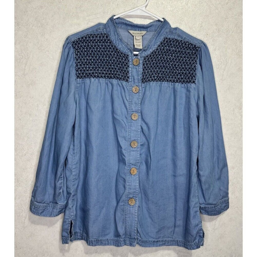 MULTIPLES Women's Chambray Blue Peasant Prairie Long Sleeve Lyocell Shirt SMALL